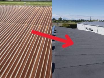 Side-by-side comparison of a rusted, striped metal roof on the left and a newly restored Torch-On Metal Roof on the right in Richmond, with a red arrow pointing from the old to the new roof.