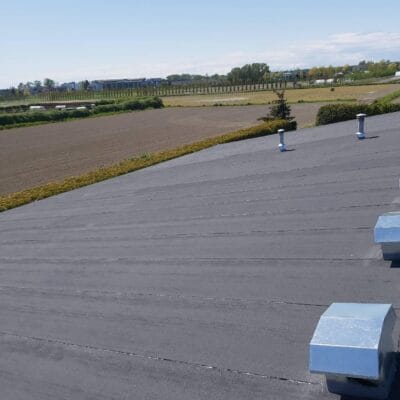 A flat black torch-on metal roof with two silver vents and a blue vent on the right, overlooking green fields, a brown plowed area, hedges, and distant trees under Richmond’s clear blue sky.