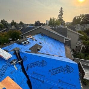A rooftop covered with blue ROOFNADO storm protection tarps, surrounded by trees and neighboring houses, showcases ongoing roof replacement by Absolute Roof Solutions under a hazy sky with the sun visible in the background. Construction materials are on the roof.
